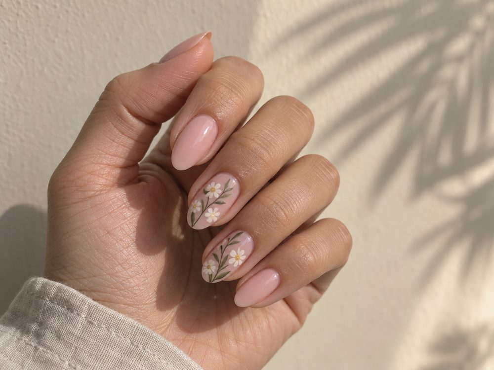 Blush-pink almond nails with tiny hand-painted daisies and sage leaves