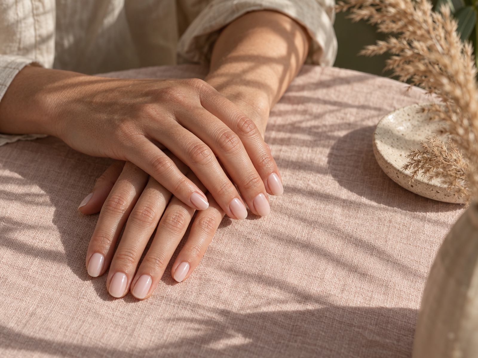 Hands with glossy milky-pink almond nails resting on blush linen in palm-shadow sunlight