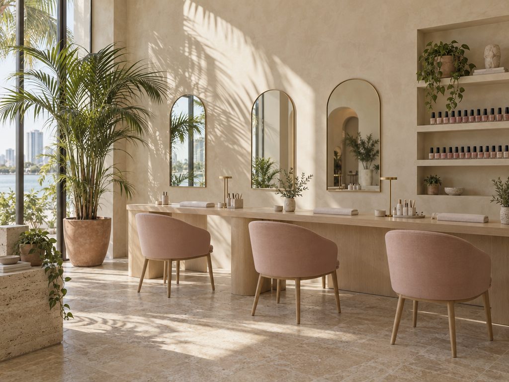 Sunlit salon with oak manicure bar, blush chairs and a tall palm